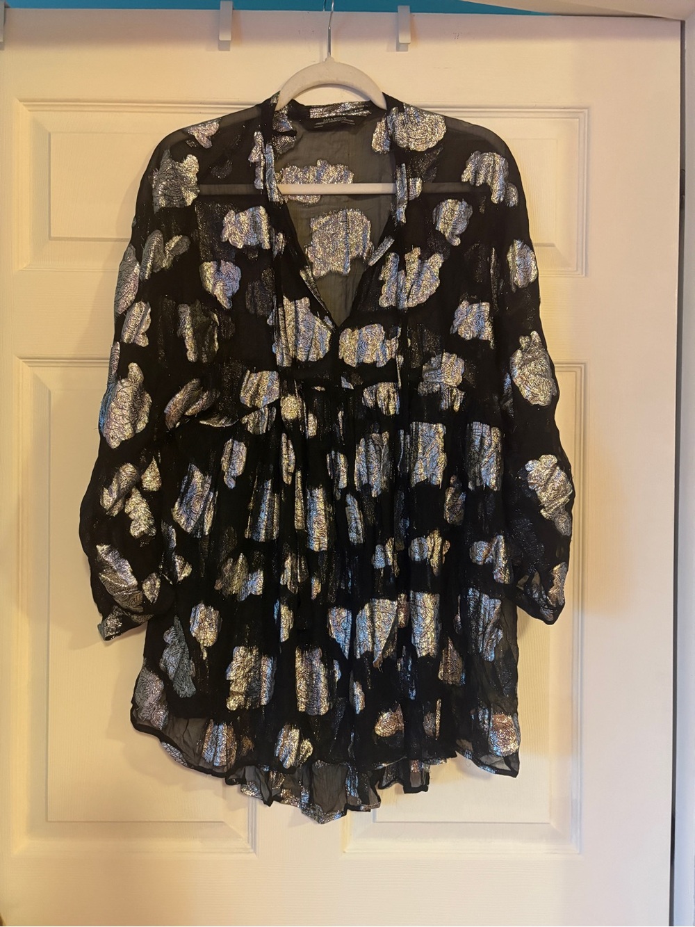 Zara Black Sheer Tunic with Metallic Silver Floral Motif
